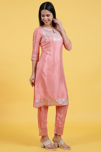 Pink Foil Printed Shantung Straight Kurta, Pants and Dupatta Set