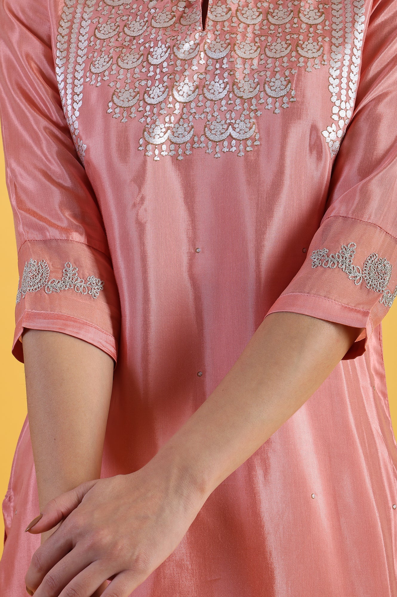 Pink Printed Shantung Straight Kurta, Pants and Dupatta Set