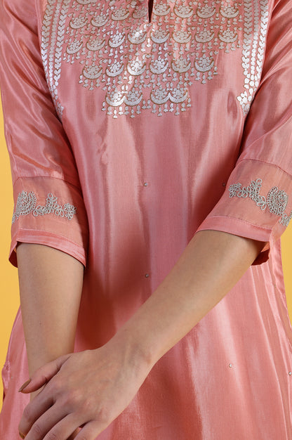 Pink Printed Shantung Straight Kurta, Pants and Dupatta Set