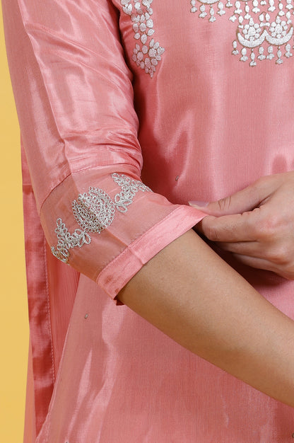 Pink Foil Printed Shantung Straight Kurta, Pants and Dupatta Set