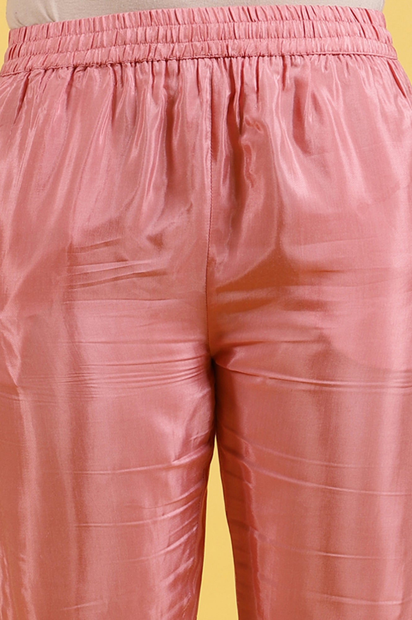 Pink Foil Printed Shantung Straight Kurta, Pants and Dupatta Set