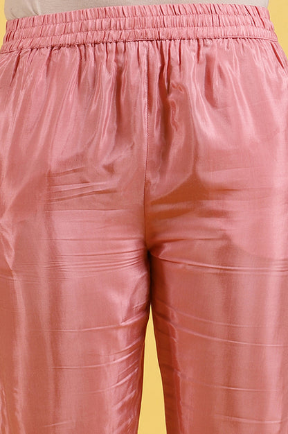 Pink Foil Printed Shantung Straight Kurta, Pants and Dupatta Set