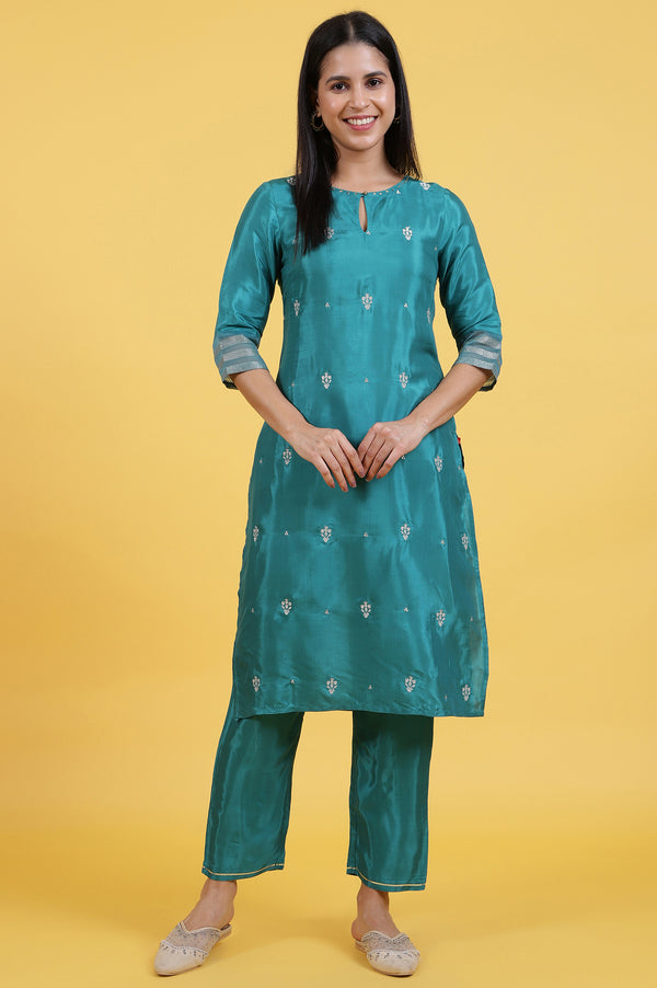 Green Embroidered Rayon Straight Kurta and Straight Pants Set