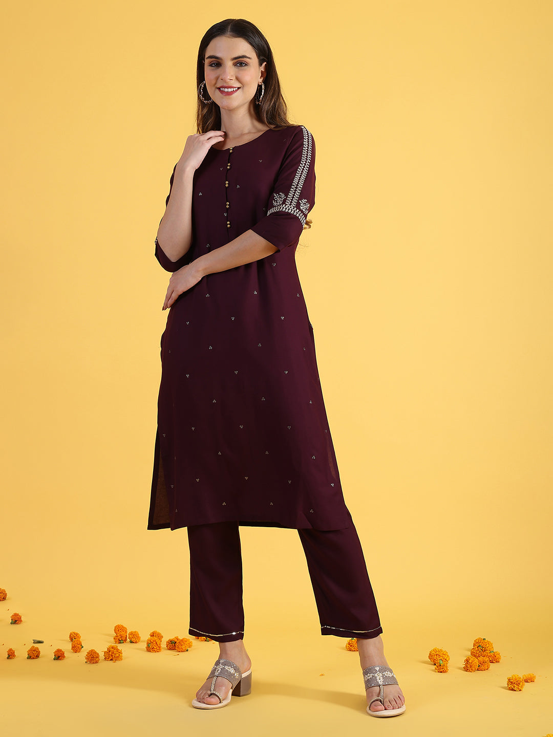 Purple Embroidered Straight Kurta and Straight Pants Set with Sequin Work