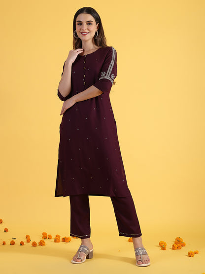 Purple Embroidered Straight Kurta and Straight Pants Set with Sequin Work