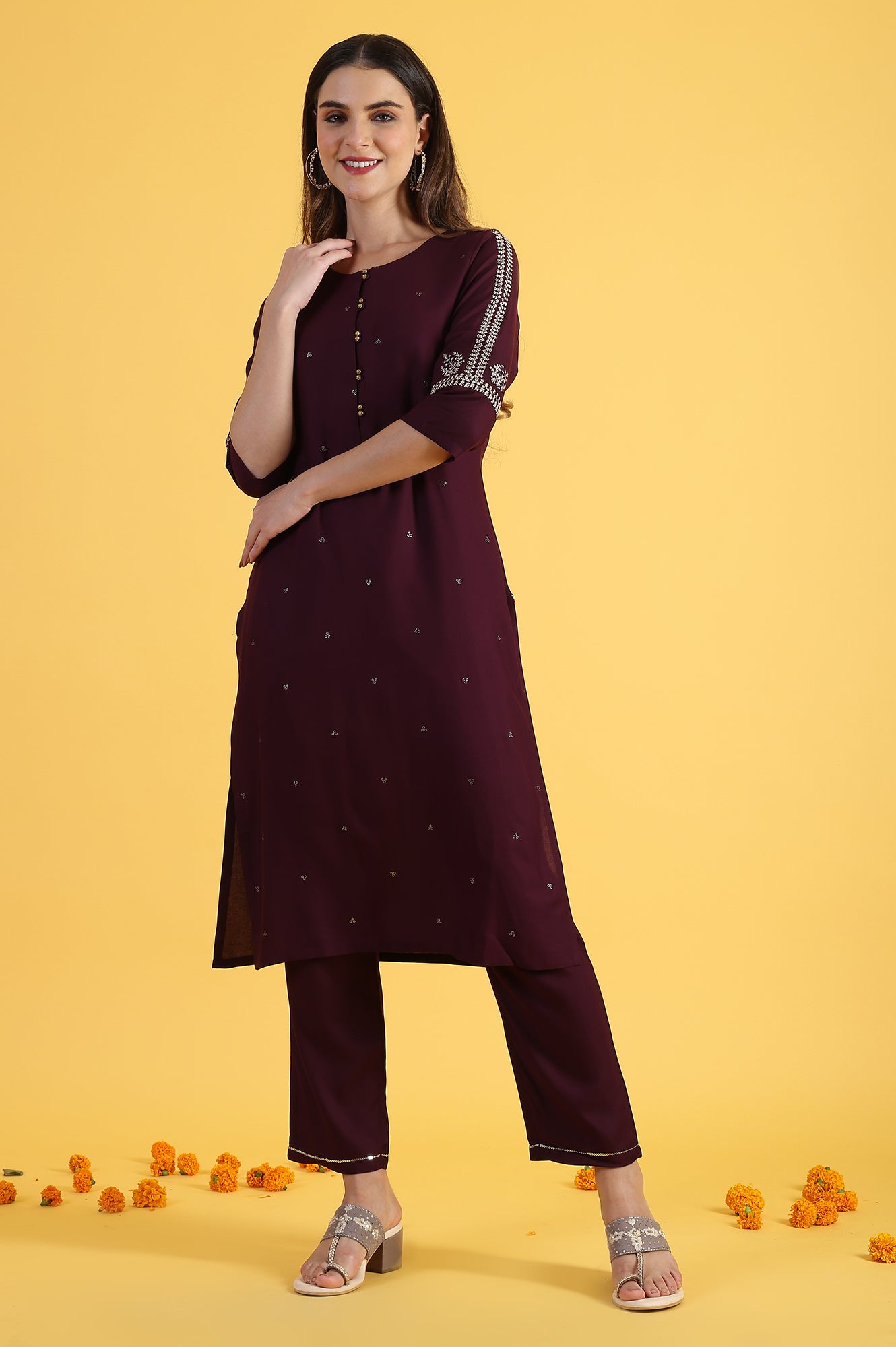 Purple Embroidered Straight Kurta and Straight Pants Set with Sequin Work