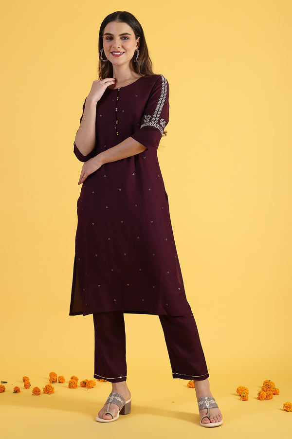 Purple Embroidered Straight Kurta and Straight Pants Set with Sequin Work