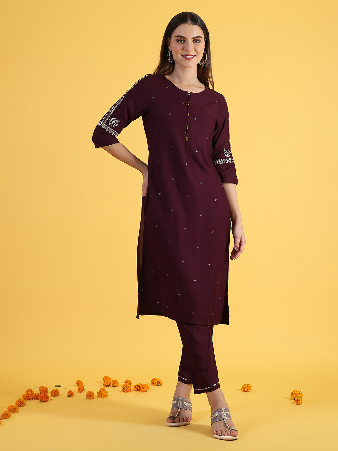 Purple Embroidered Straight Kurta and Straight Pants Set with Sequin Work