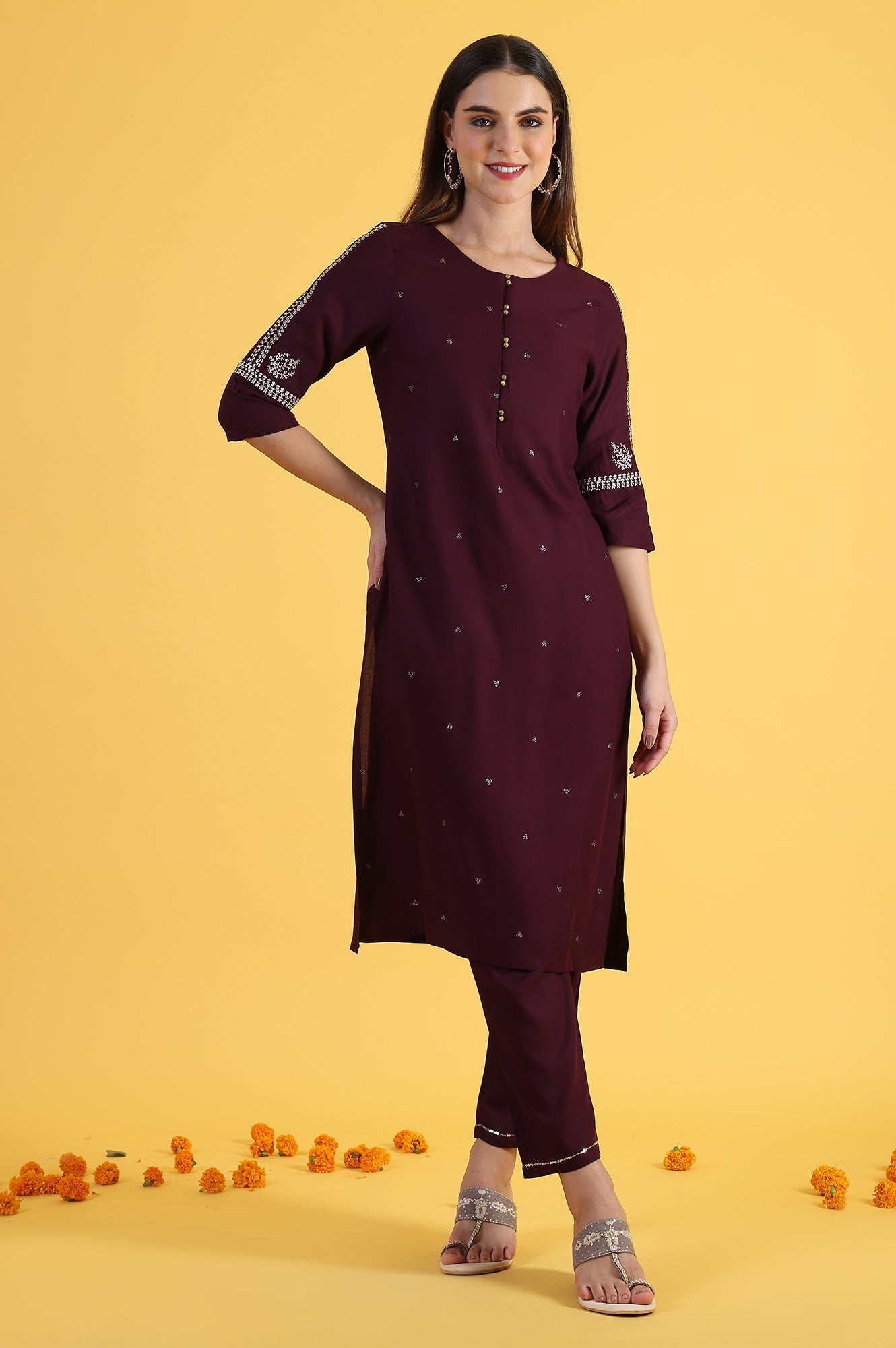 Purple Embroidered Straight Kurta and Straight Pants Set with Sequin Work