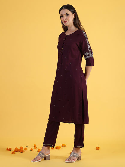 Purple Embroidered Straight Kurta and Straight Pants Set with Sequin Work