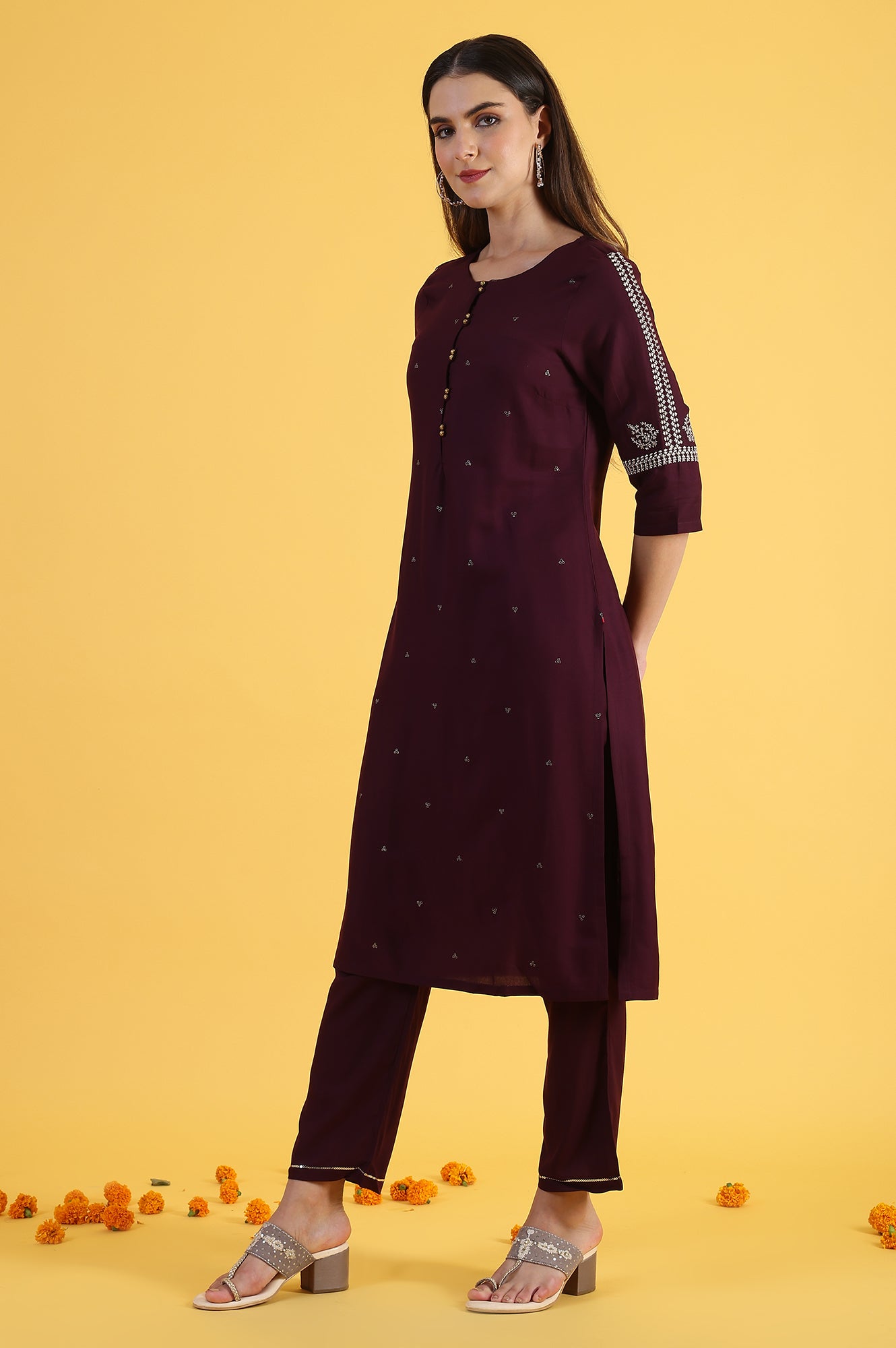 Purple Embroidered Straight Kurta and Straight Pants Set with Sequin Work