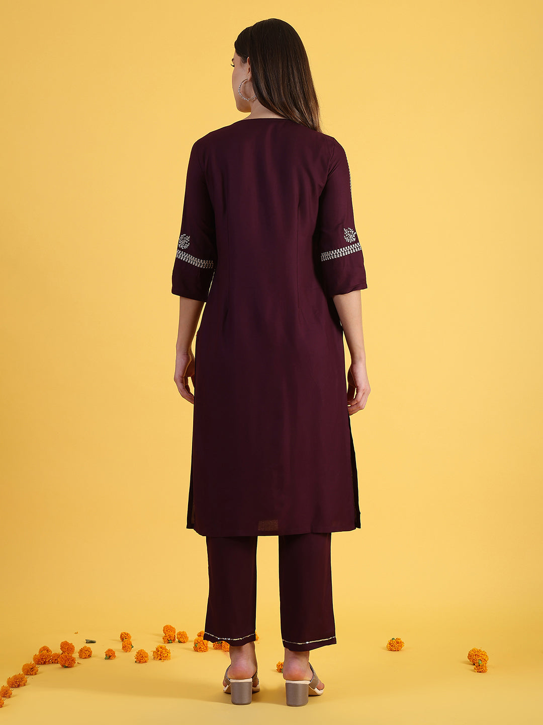 Purple Embroidered Straight Kurta and Straight Pants Set with Sequin Work