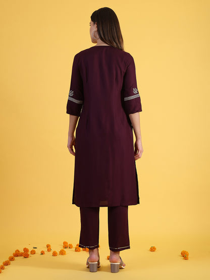 Purple Embroidered Straight Kurta and Straight Pants Set with Sequin Work