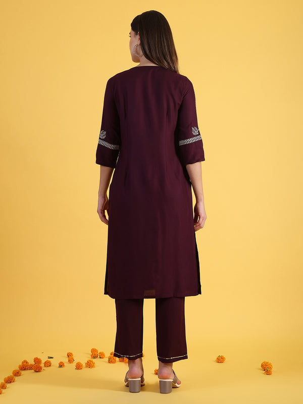 Purple Embroidered Straight Kurta and Straight Pants Set with Sequin Work