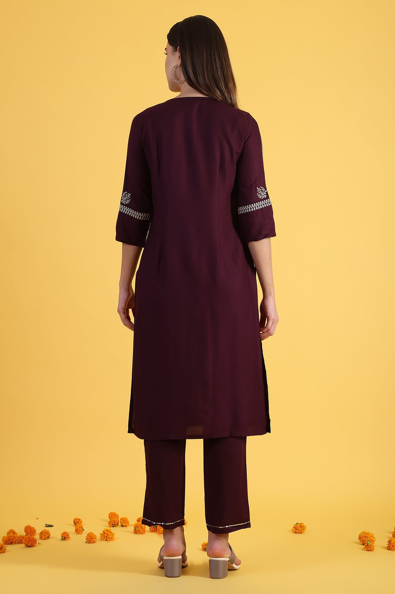 Purple Embroidered Straight Kurta and Straight Pants Set with Sequin Work
