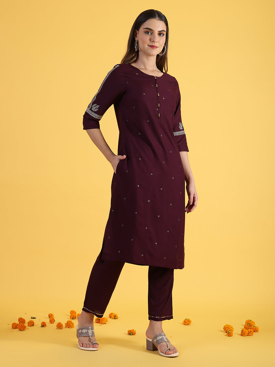Purple Embroidered Straight Kurta and Straight Pants Set with Sequin Work