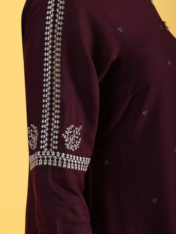 Purple Embroidered Straight Kurta and Straight Pants Set with Sequin Work