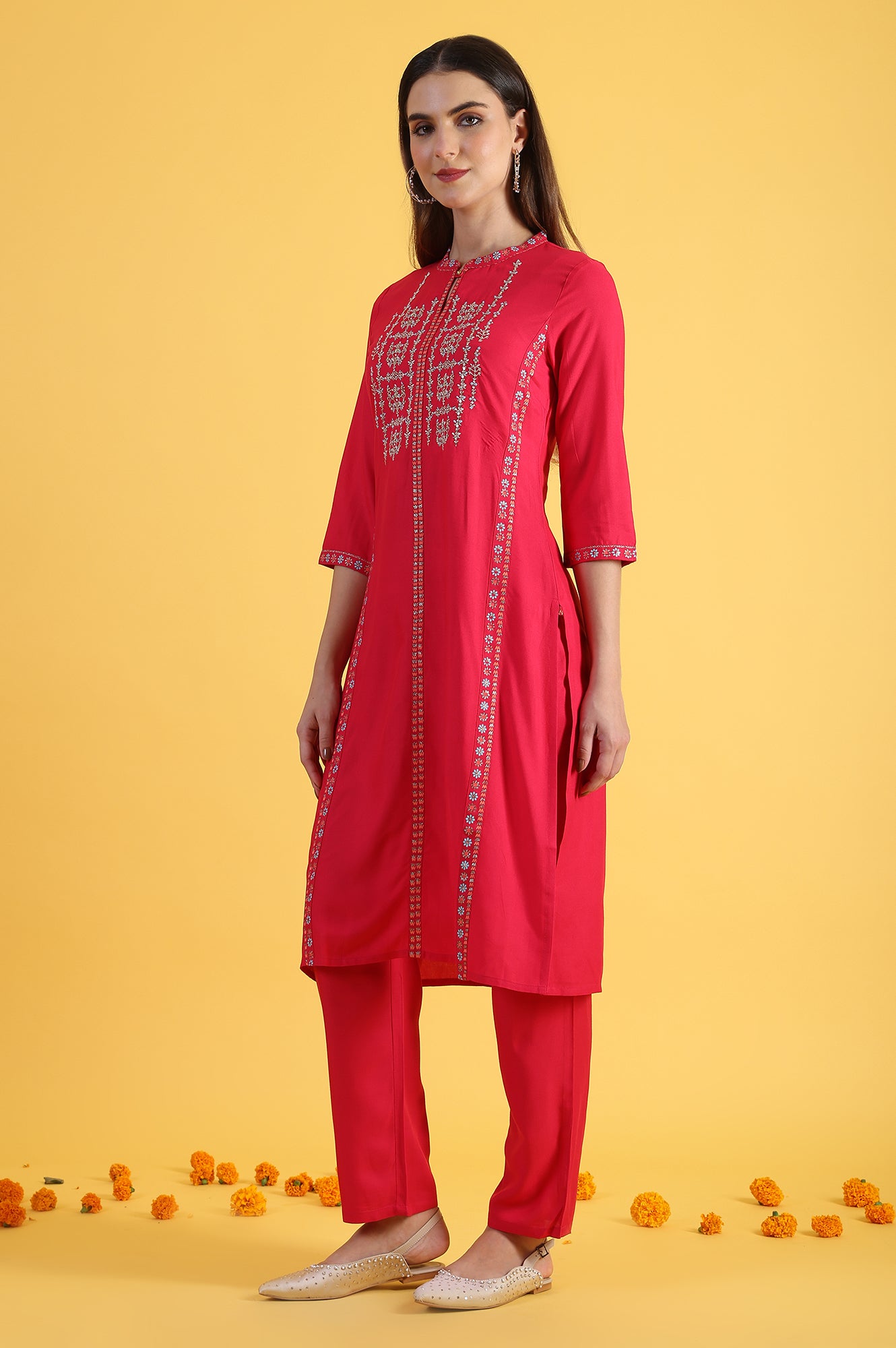 Purple Embroidered Straight Kurta and Straight Pants Set with Sequin Work