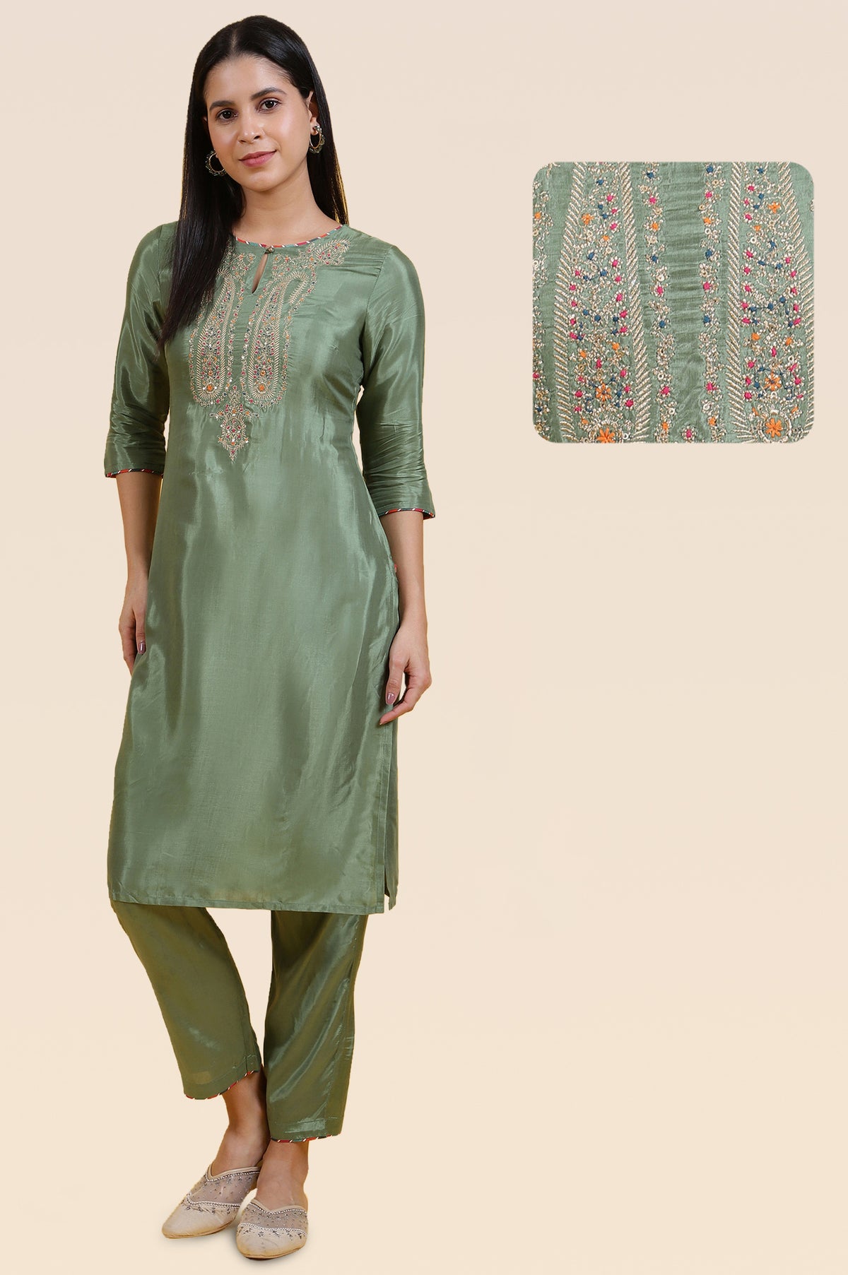 Light Green Embroidered Shantung Straight Kurta and Pants Co-ord Set