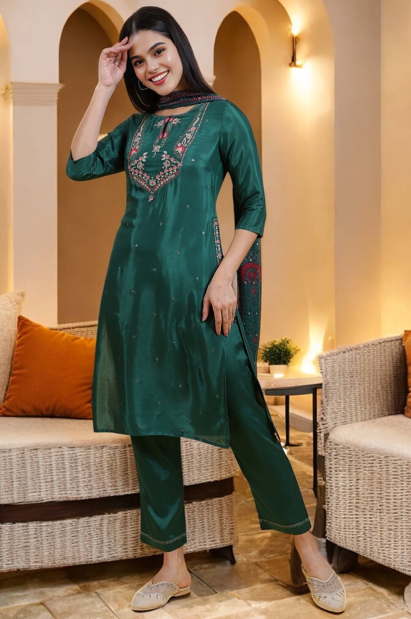 Green Thread Embroidered Straight Kurta and Pants Set with Dupatta