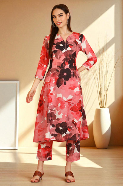 Red Bold Floral Printed Modal A-line Kurta and Pants Co-ord Set