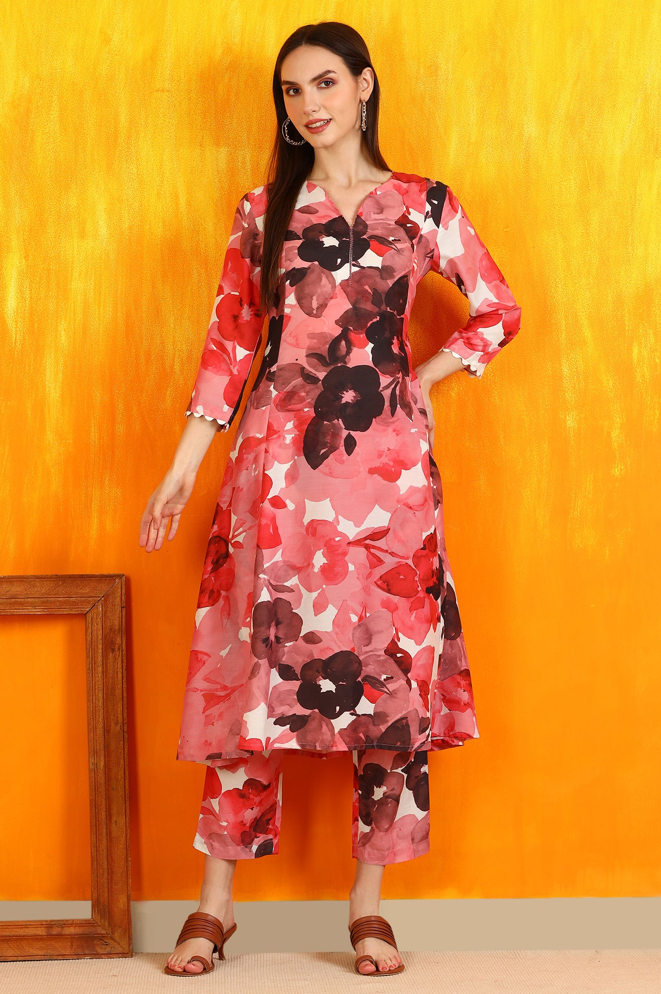 Red Bold Floral Printed Modal A-line Kurta and Pants Co-ord Set