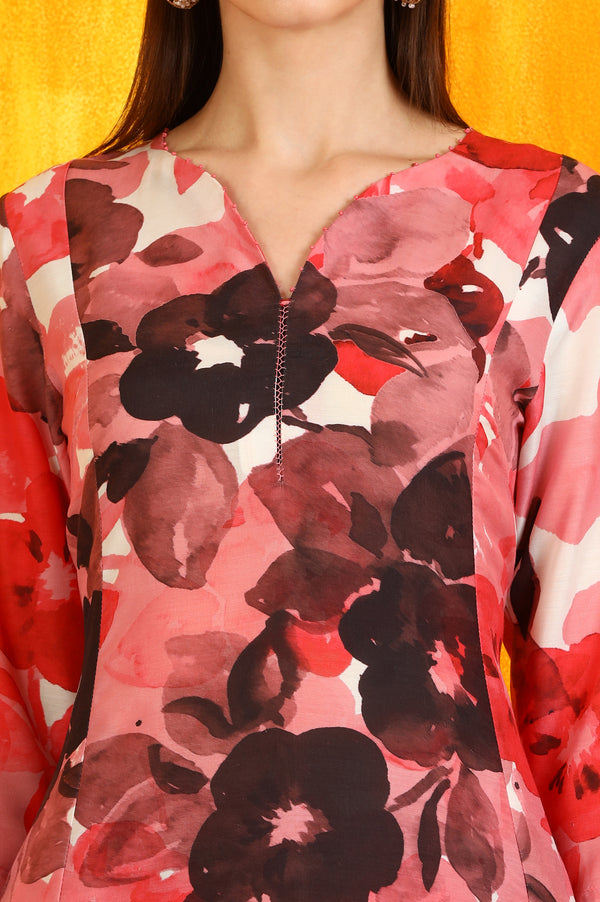Red Bold Floral Printed Modal A-line Kurta and Pants Co-ord Set