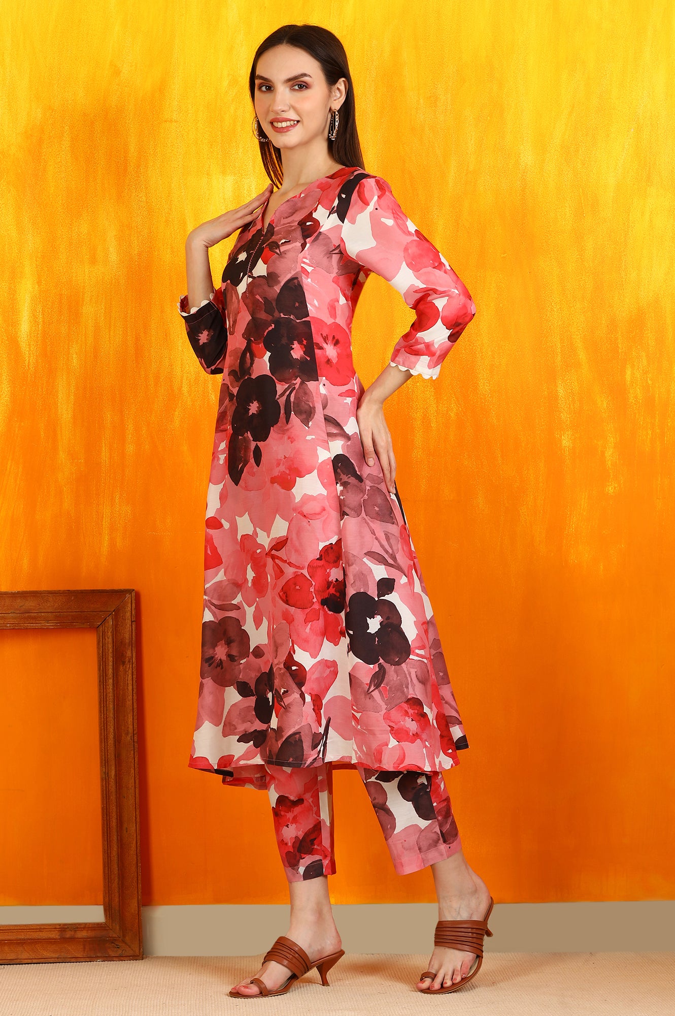 Red Bold Floral Printed Modal A-line Kurta and Pants Co-ord Set