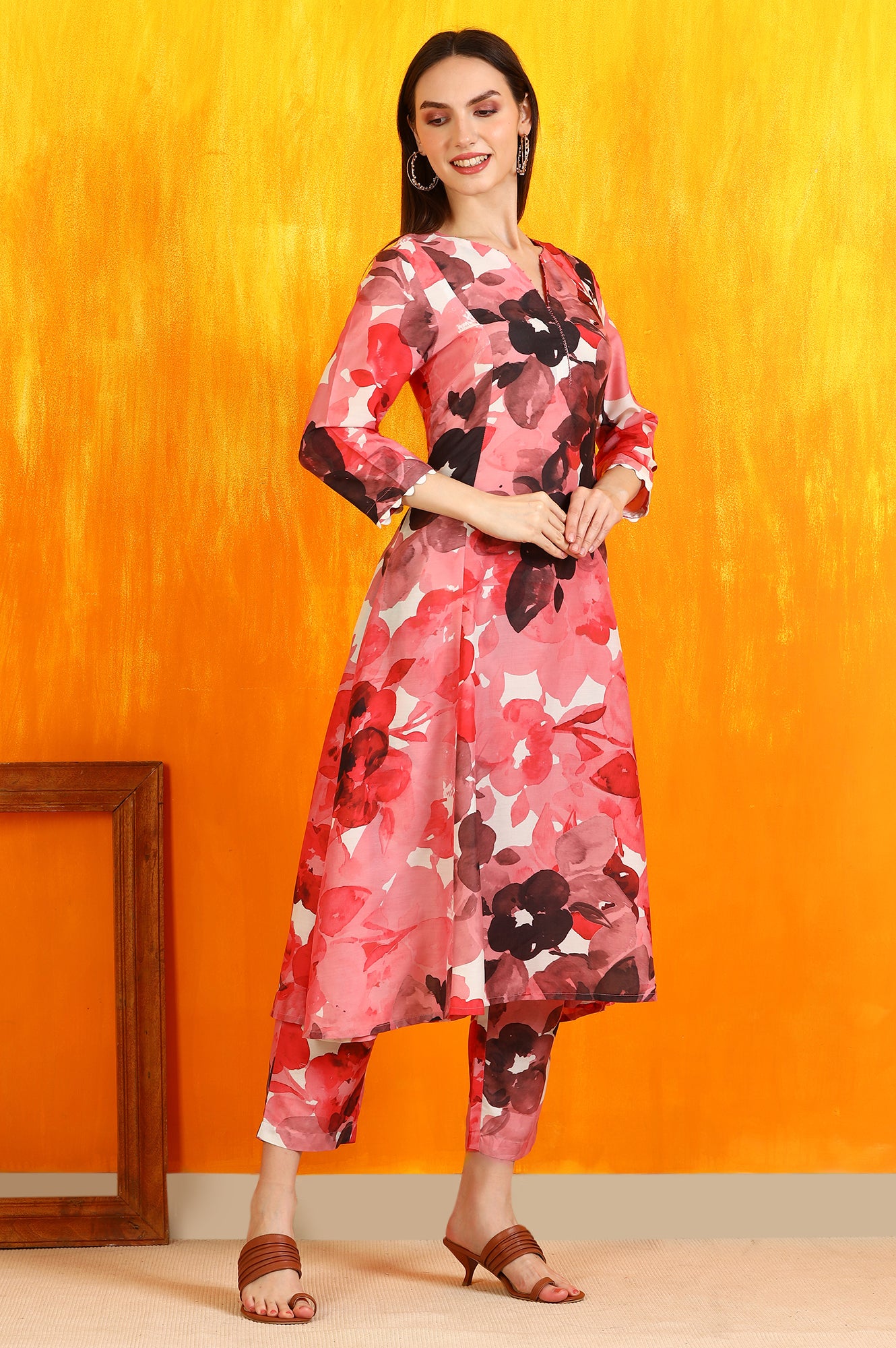 Red Bold Floral Printed Modal A-line Kurta and Pants Co-ord Set
