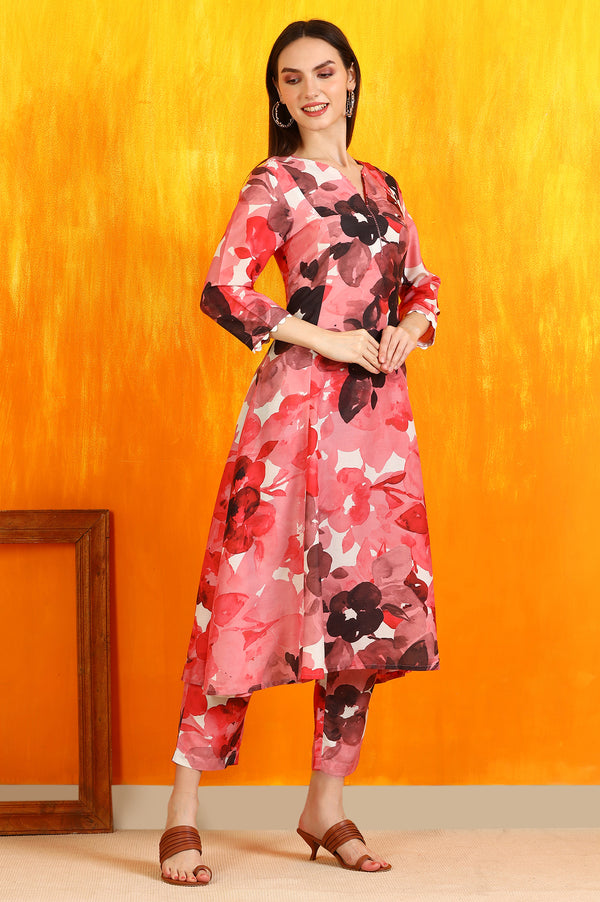 Red Bold Floral Printed Modal A-line Kurta and Pants Co-ord Set