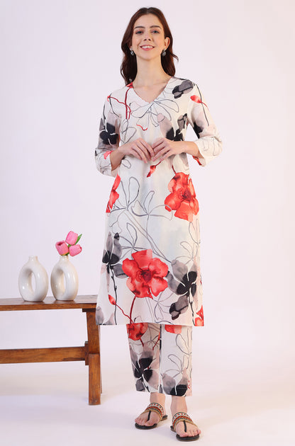 White Bold Floral Printed Pure Cotton Straight Kurta and Pants Co-ord Set