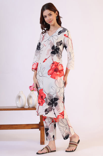 White Bold Floral Printed Pure Cotton Straight Kurta and Pants Co-ord Set