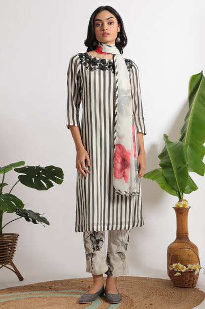 White and Black Embroidered Striped Cotton Crepe Kurta and Straight Pants and Dupatta Set