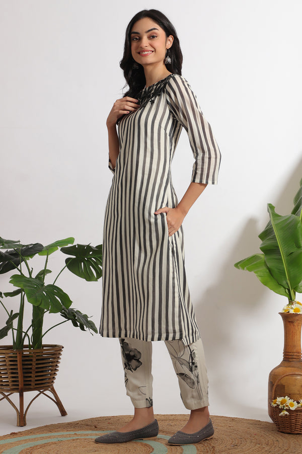 White and Black Embroidered Striped Cotton Crepe Kurta and Straight Pants and Dupatta Set