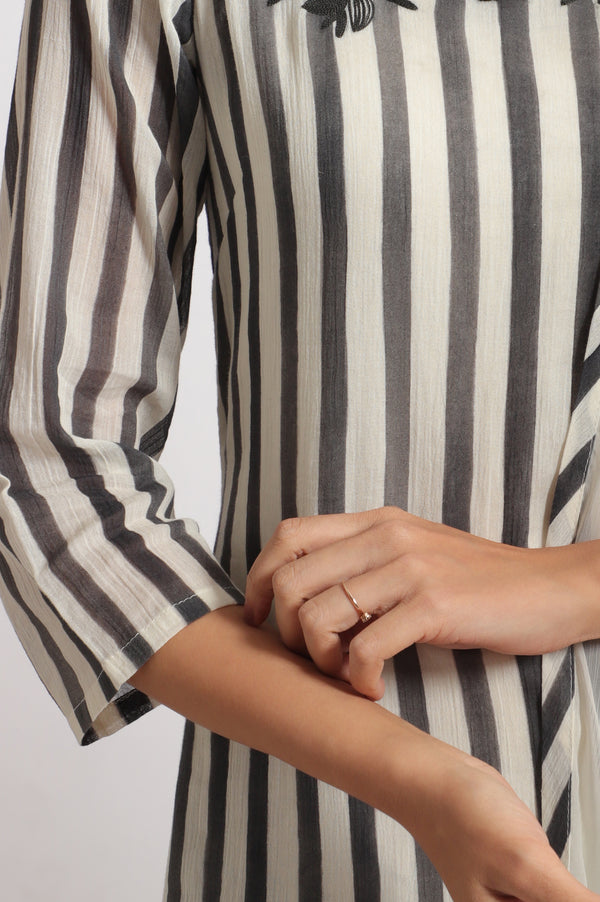 White and Black Embroidered Striped Cotton Crepe Kurta and Straight Pants and Dupatta Set