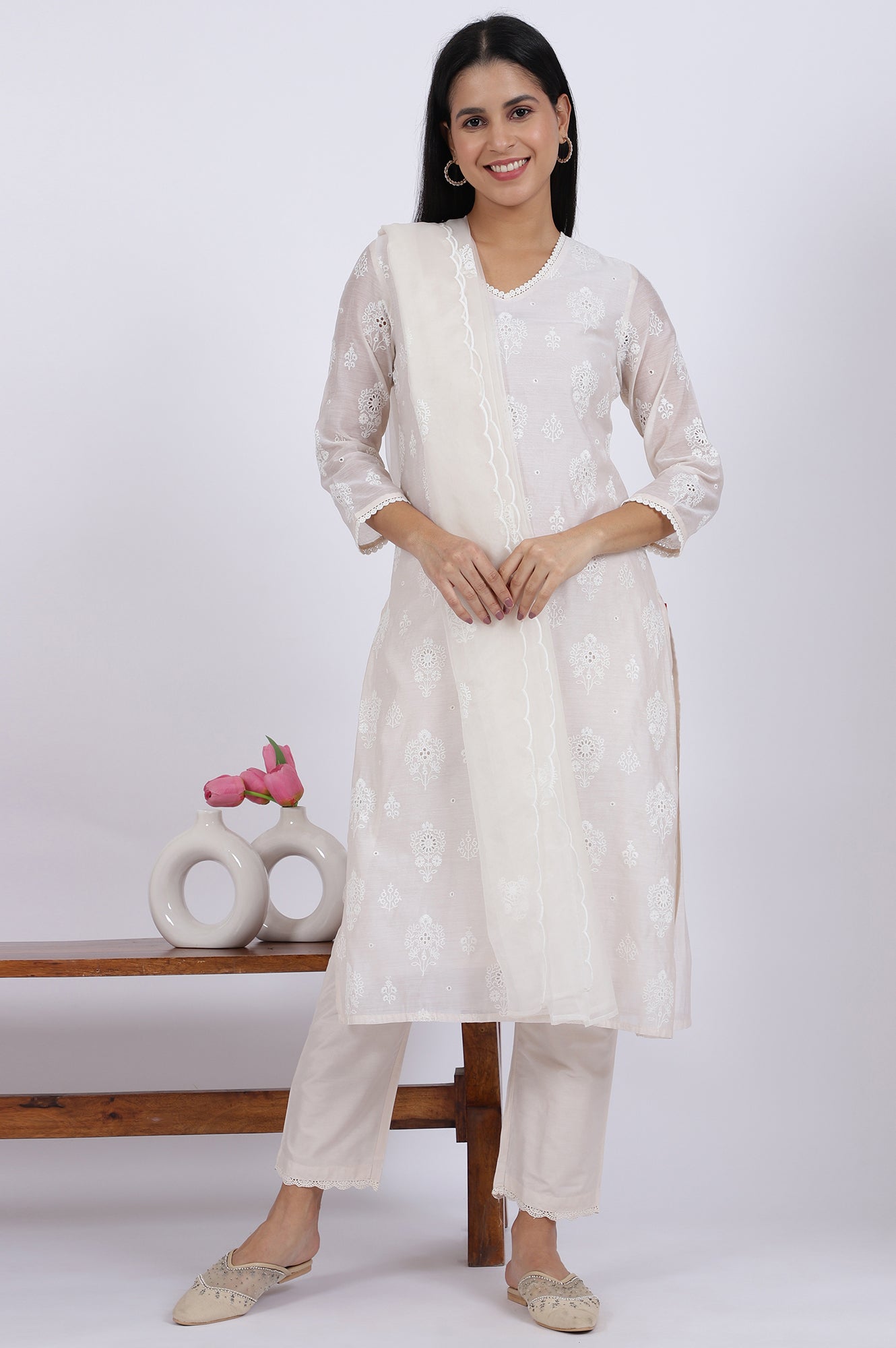White Embroidered Lace Chanderi Straight Kurta &amp; Straight Pant With Dupatta Set
