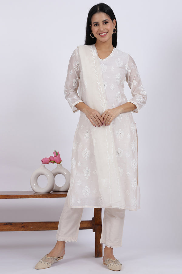 White Embroidered Lace Chanderi Straight Kurta & Straight Pant With Dupatta Set