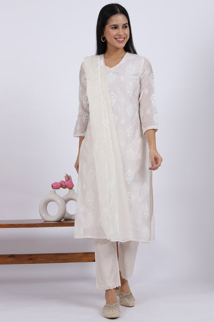 White Embroidered Lace Chanderi Straight Kurta &amp; Straight Pant With Dupatta Set