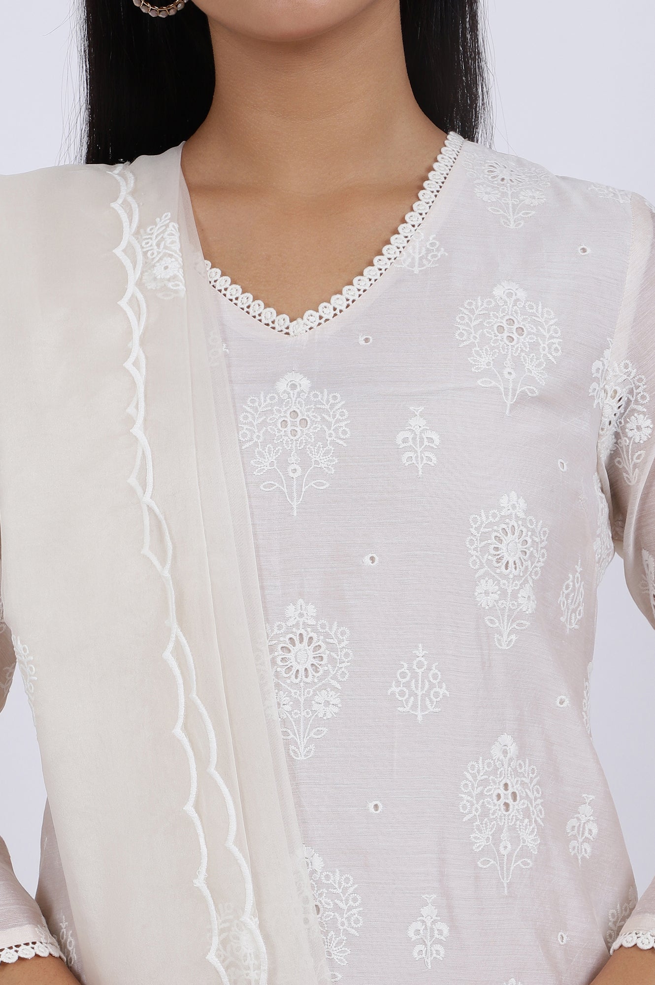 White Embroidered Lace Chanderi Straight Kurta &amp; Straight Pant With Dupatta Set