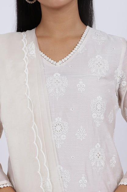 White Embroidered Lace Chanderi Straight Kurta &amp; Straight Pant With Dupatta Set