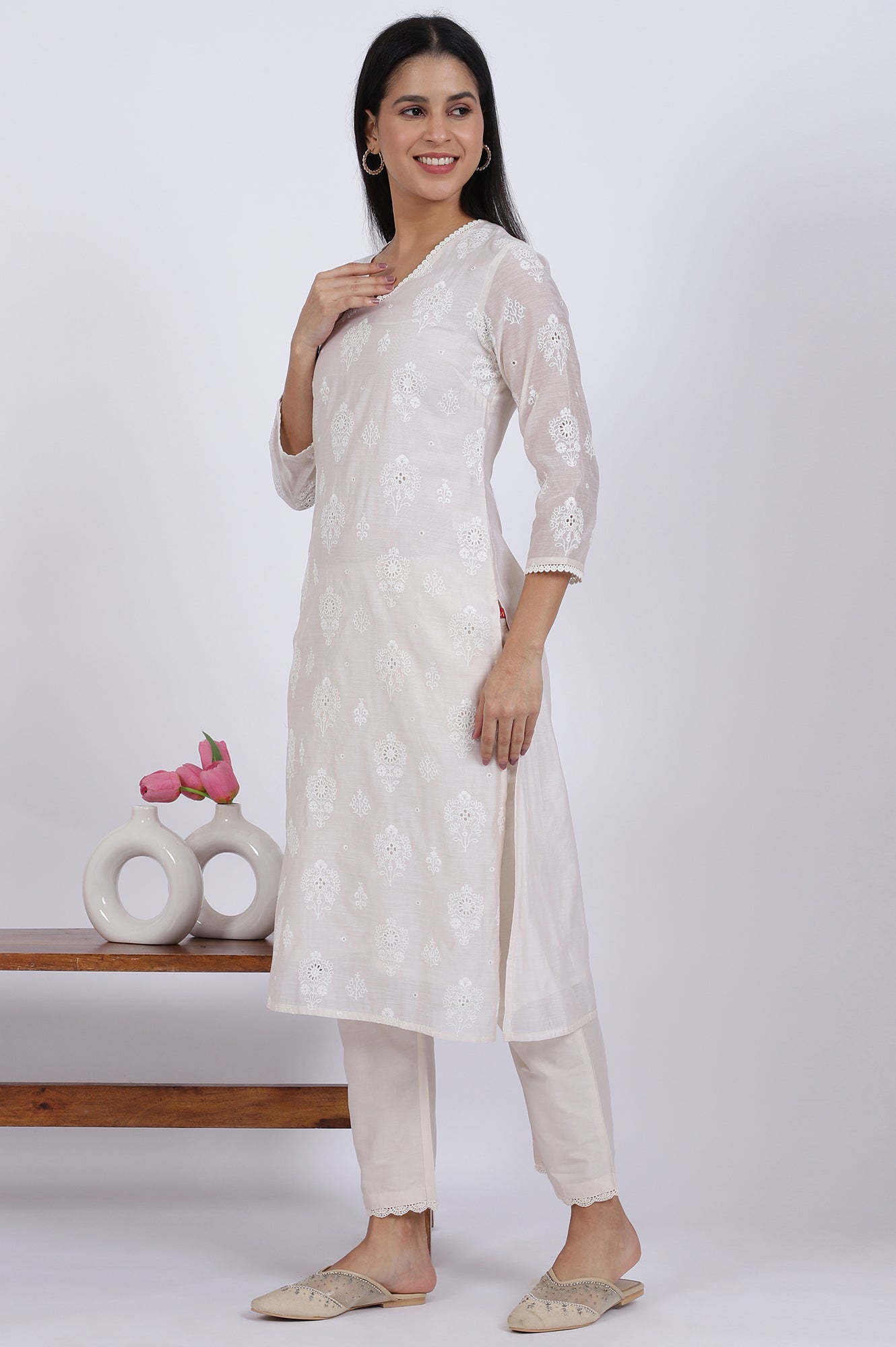 White Embroidered Lace Chanderi Straight Kurta &amp; Straight Pant With Dupatta Set