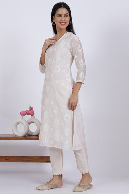 White Embroidered Lace Chanderi Straight Kurta &amp; Straight Pant With Dupatta Set