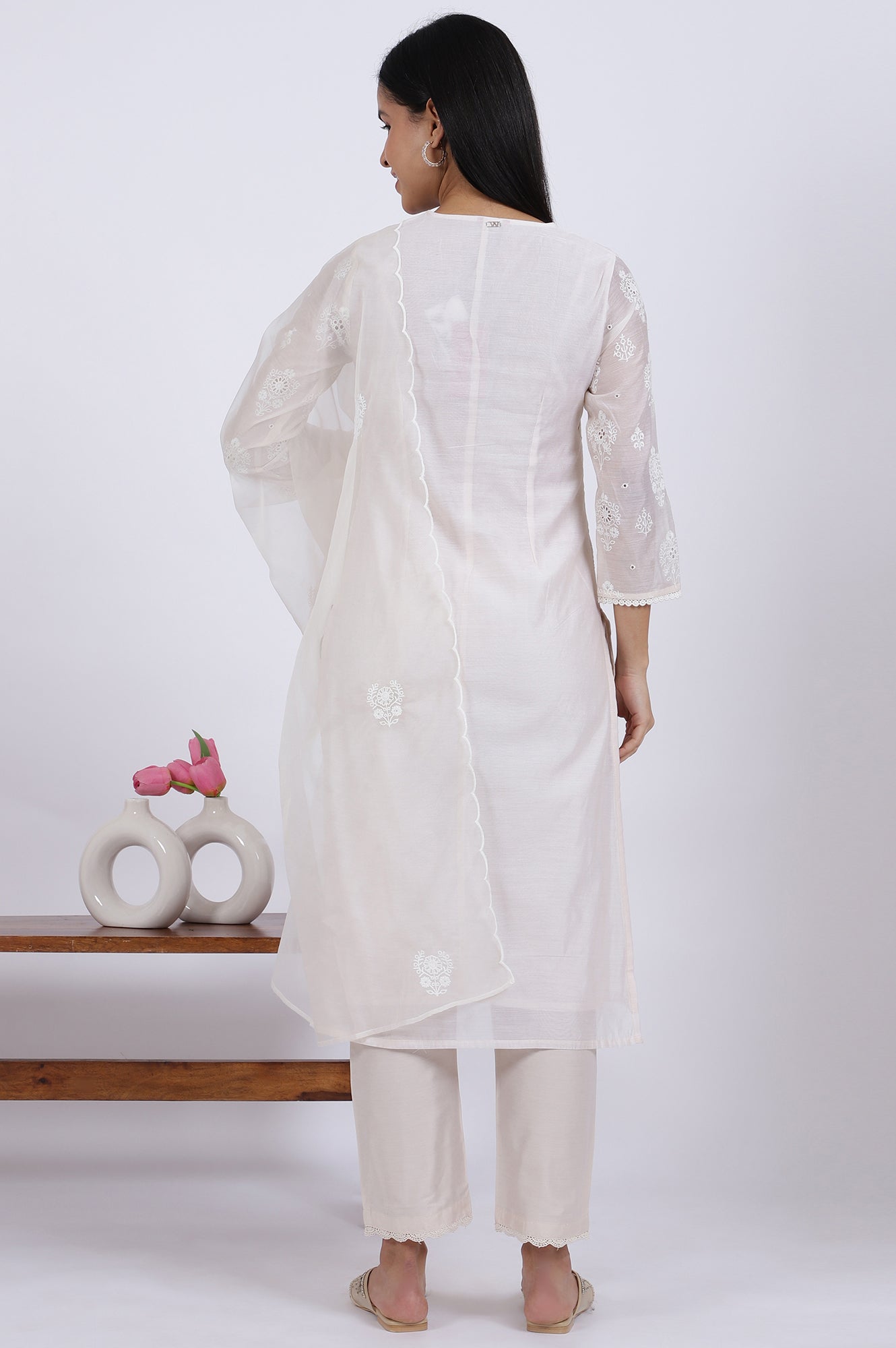 White Embroidered Lace Chanderi Straight Kurta &amp; Straight Pant With Dupatta Set