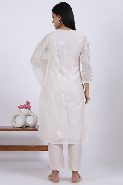 White Embroidered Lace Chanderi Straight Kurta &amp; Straight Pant With Dupatta Set