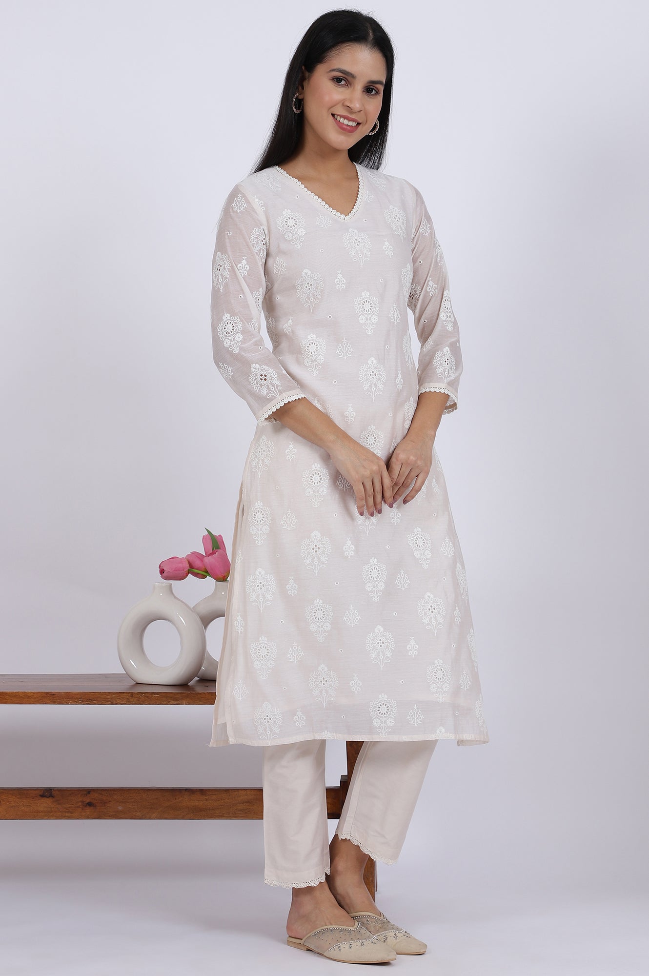 White Embroidered Lace Chanderi Straight Kurta &amp; Straight Pant With Dupatta Set