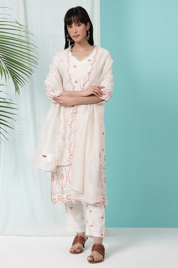 Off-White Schiffli Embroidered Rayon Flax Straight Kurta and Pants Set with Dupatta