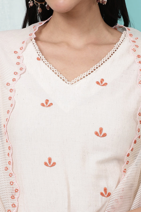 Off-White Schiffli Embroidered Rayon Flax Straight Kurta and Pants Set with Dupatta