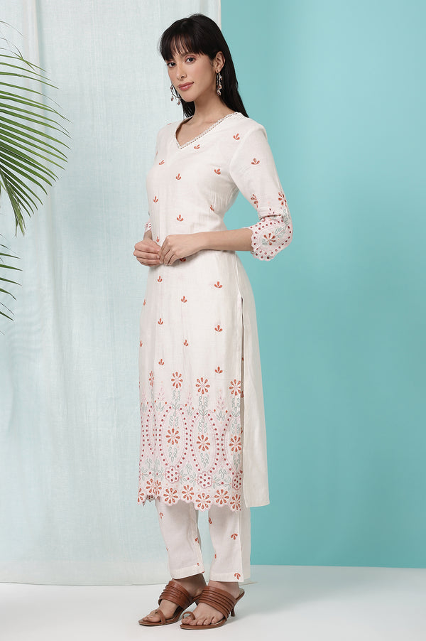 Off-White Schiffli Embroidered Rayon Flax Straight Kurta and Pants Set with Dupatta