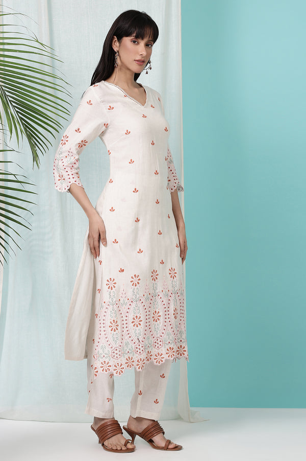 Off-White Schiffli Embroidered Rayon Flax Straight Kurta and Pants Set with Dupatta
