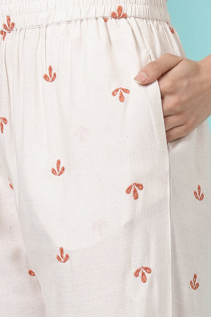 Off-White Schiffli Embroidered Rayon Flax Straight Kurta and Pants Set with Dupatta